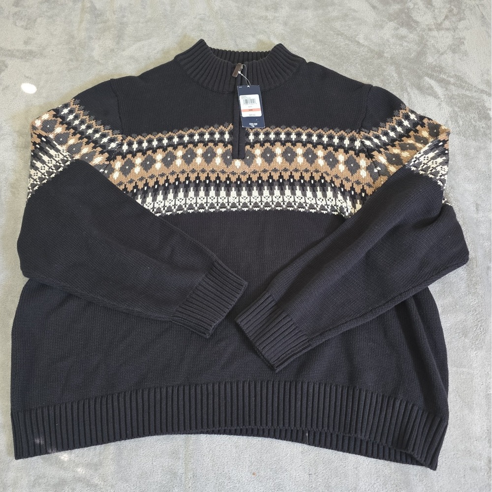 Izod Sweater Mens 3XB Black Holiday Fairisle Quater Zip Cabincore Preppy Casual